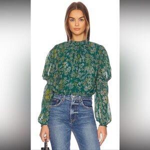 NWOT Free People Clarissa Green Sea Combo Floral Printed Top Smocked Sz S